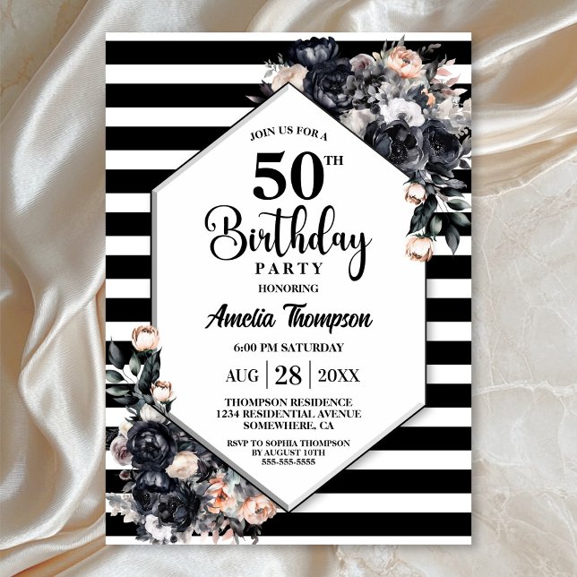Modern Black Floral Striped 50th Birthday Party Invitation (Creator Uploaded)