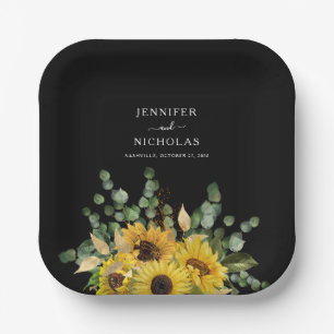 Modern Black Floral Sunflower Wedding Paper Plate