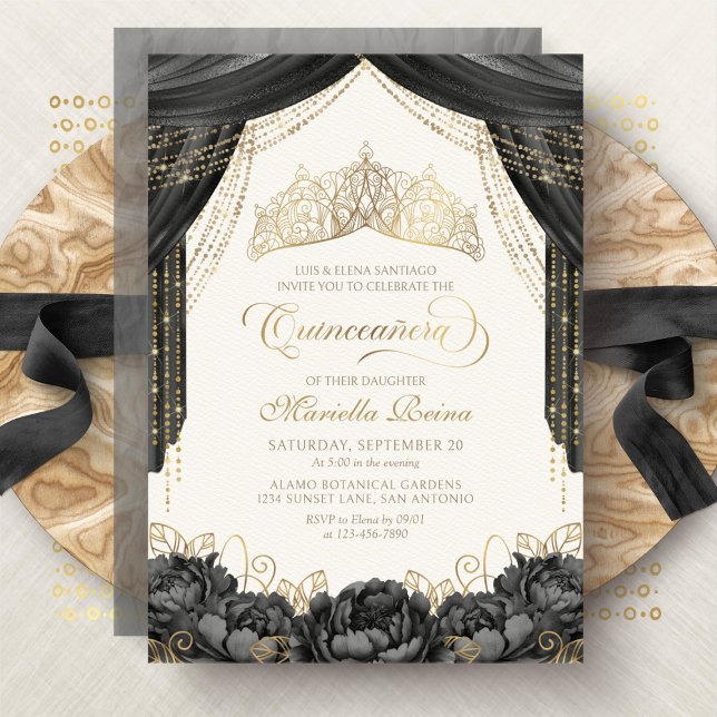 Modern Black Floral Tiara Quinceanera Invitation (Creator Uploaded)