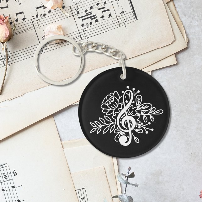 Modern Black Floral Treble Clef Music Key Ring (Creator Uploaded)