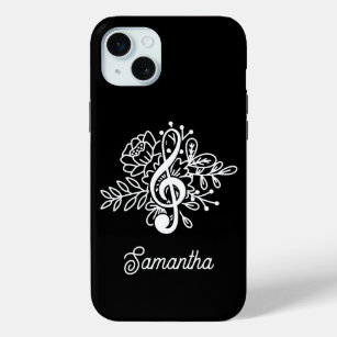 Modern Black Floral Treble Clef Musician Choir iPhone 15 Mini Case