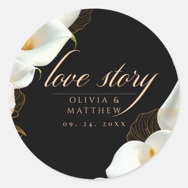 Modern Black Floral Wedding Classic Round Sticker (Front)
