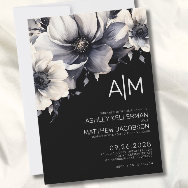 Modern Black Floral Wedding Invitation (Modern Black White Initial Monogram Floral Wedding Invitation)