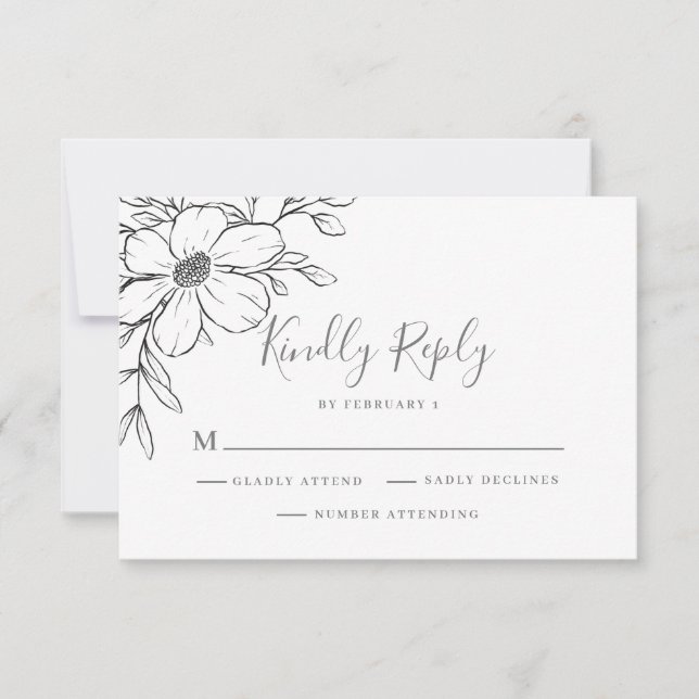Modern Black Floral Wedding  RSVP Card (Front)