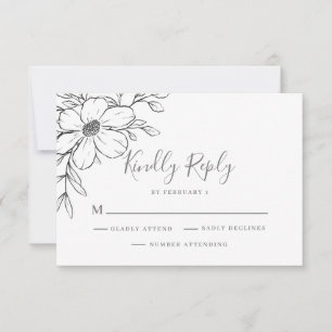 Modern Black Floral Wedding RSVP Card