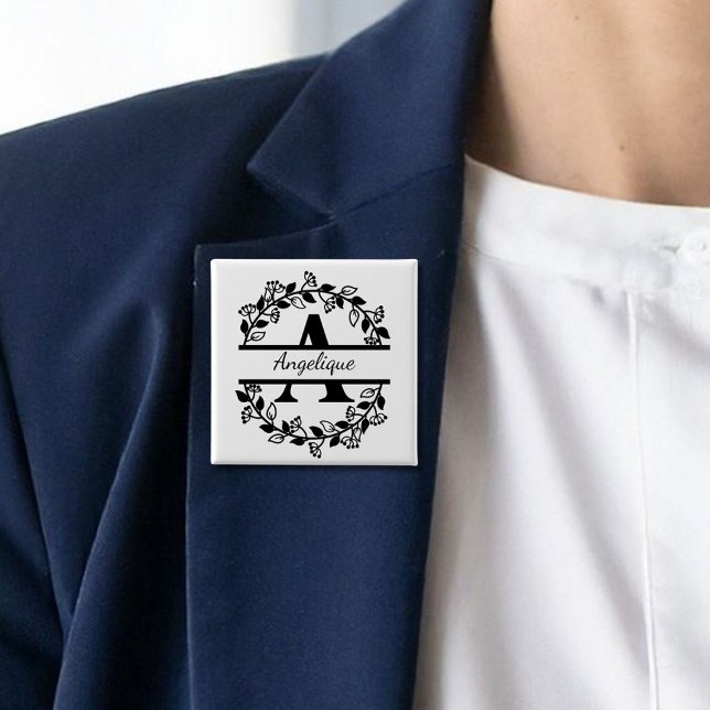 Modern Black Floral Wreath Split Monogram "A" 15 Cm Square Badge (Creator Uploaded)