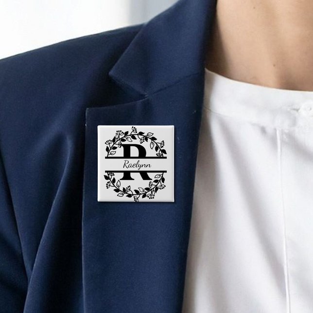 Modern Black Floral Wreath Split Monogram "R" 15 Cm Square Badge (Creator Uploaded)