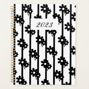 Modern Black Flowers With Black And White Stripes Planner