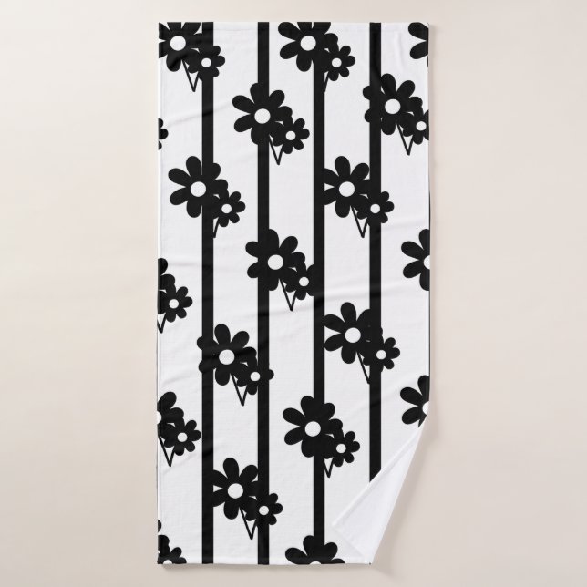 Modern Black Flowers With Black Vertical Stripes  Bath Towel (Bath Towel)