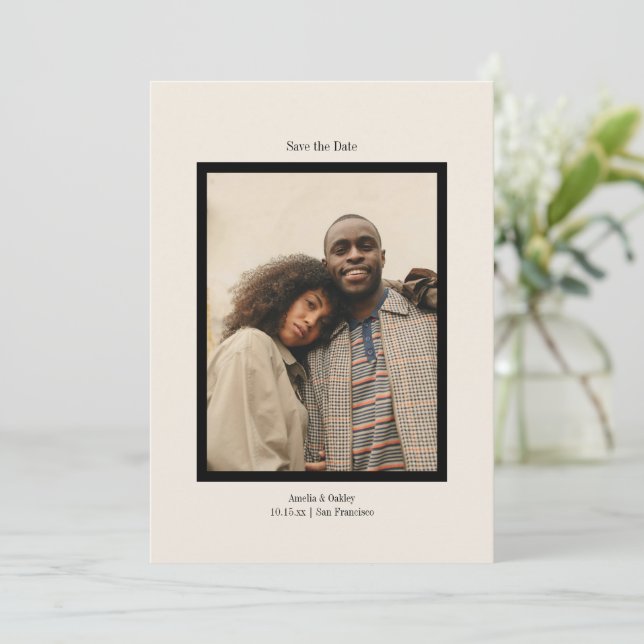 Modern Black Frame Minimalist Wedding Elegant Save The Date (Standing Front)