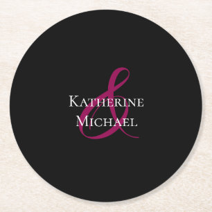 Modern Black Fuchsia and White-Wedding Round Paper Coaster