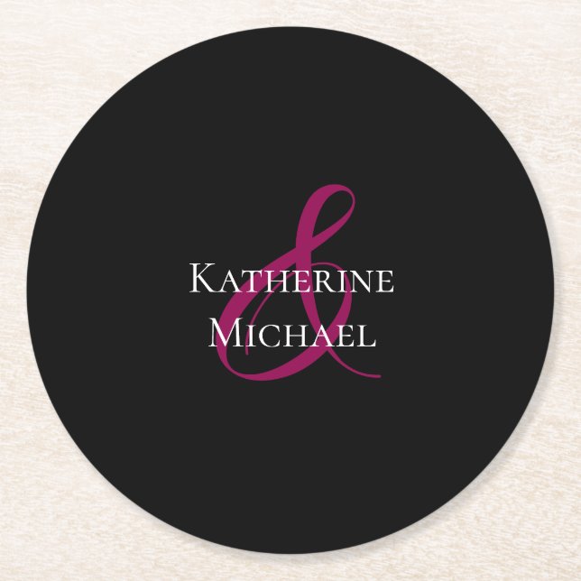 Modern Black Fuchsia and White-Wedding Round Paper Coaster (Front)
