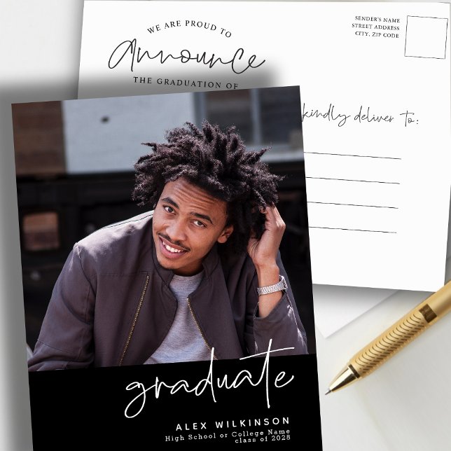 Modern Black Fun Script Simple Photo Graduation Announcement Postcard (Creator Uploaded)