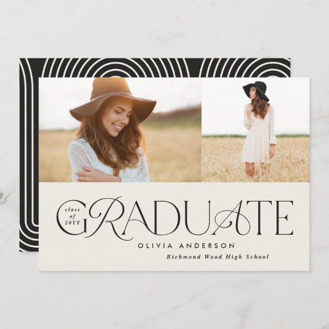 Modern black geometric 2 photo arch graduation ann announcement (Front/Back)