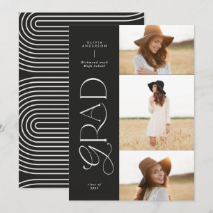 Modern black geometric 3 photo arch graduation announcement