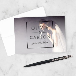 Modern Black Geometric Monogram Wedding Photo Thank You Card