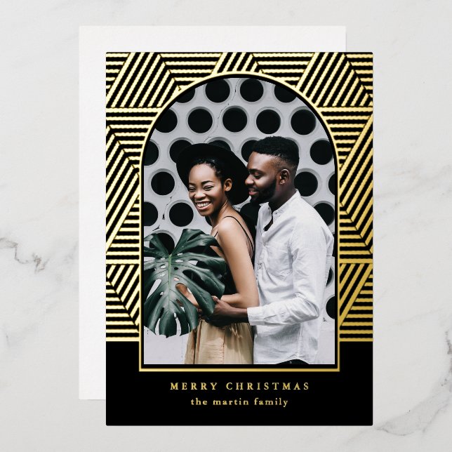 Modern Black Geometric Pattern Photo Christmas  (Front/Back)