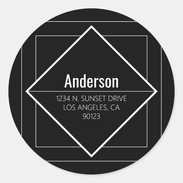 Modern Black Geometric Return Address  Classic Round Sticker (Front)