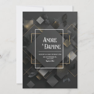 Modern Black Geometric With Gold Accents Wedding Invitation