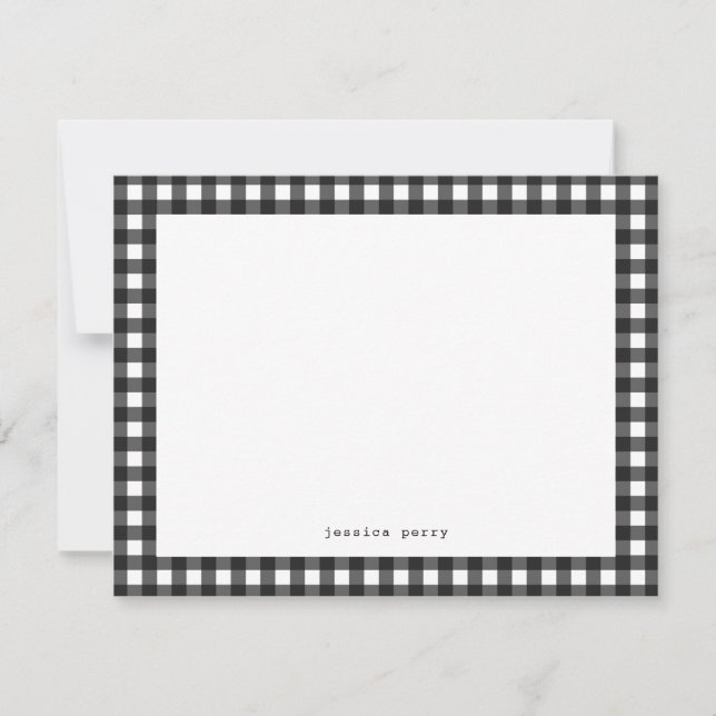 Modern Black Gingham Typewriter Name Note Card (Front)
