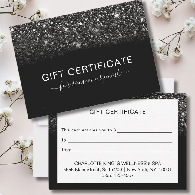 Modern Black Glitter BUSINESS CERTIFICATE  (Personalized Modern Black Glitter BUSINESS CERTIFICATE, black, silver glitter)