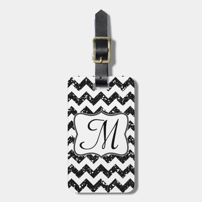 Modern Black Glitter Chevron Monogram Luggage Tag (Front Vertical)