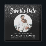 Modern Black Glitter Chic Photo Save the Date Magnet<br><div class="desc">A simple modern save the date magnet. Personalise this minimalist black and white design to have your personal details and message. Features script calligraphy typography and faux glitter image background. Add your own custom photo.</div>