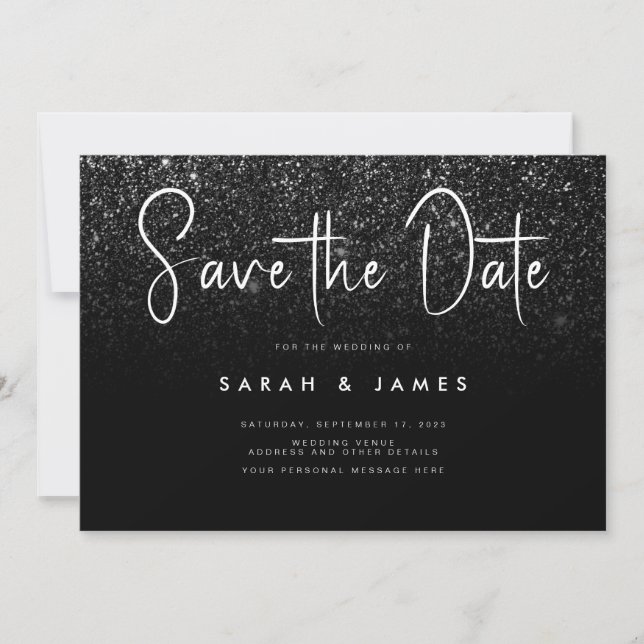 Modern Black Glitter Chic Wedding Save the Date (Front)