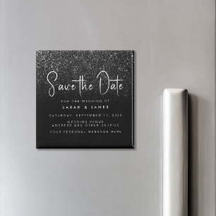 Modern Black Glitter Chic Wedding Save the Date Magnet