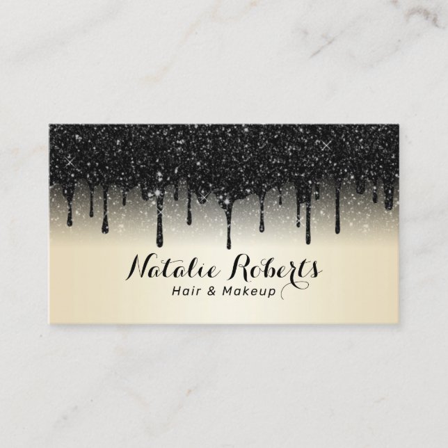 Modern Black Glitter Drips Pearl Beauty Salon Business Card (Front)