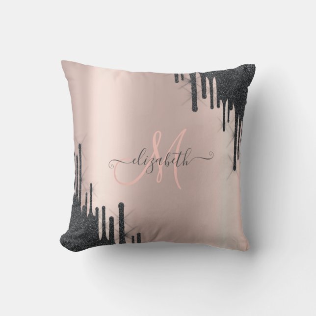 Modern Black Glitter Drips Rose Gold Monogram  Cushion (Front)