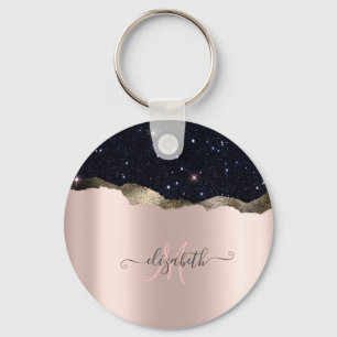 Modern Black Glitter Rose Gold Monogram Key Ring