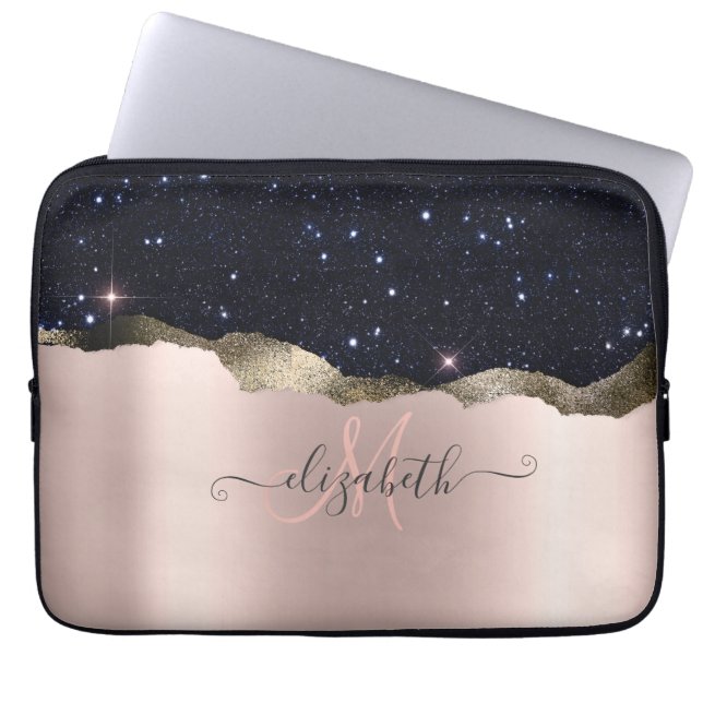 Modern Black Glitter Rose Gold Monogram  Laptop Sleeve (Front)