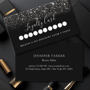 Modern Black Glitter Salon & Spa Loyalty   Business Card