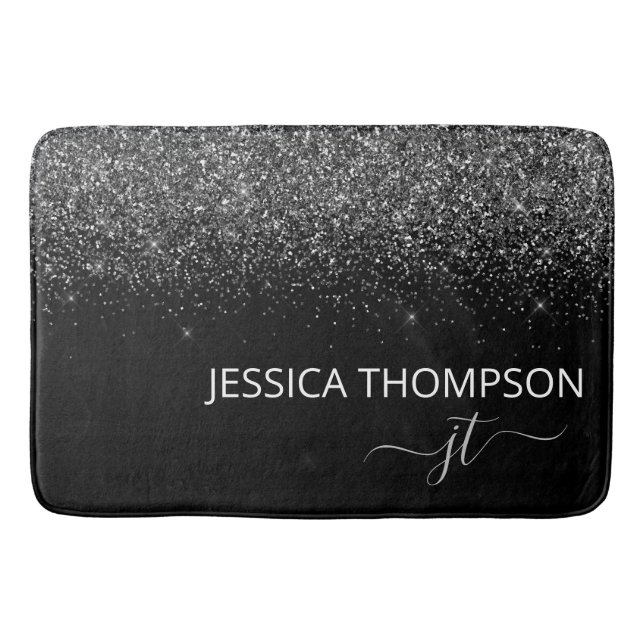 Modern Black Glitter Simple Script Monogram Name  Bath Mat (Front)