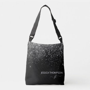 Modern Black Glitter Simple Script Monogram Name   Crossbody Bag
