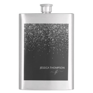 Modern Black Glitter Simple Script Monogram Name  Hip Flask