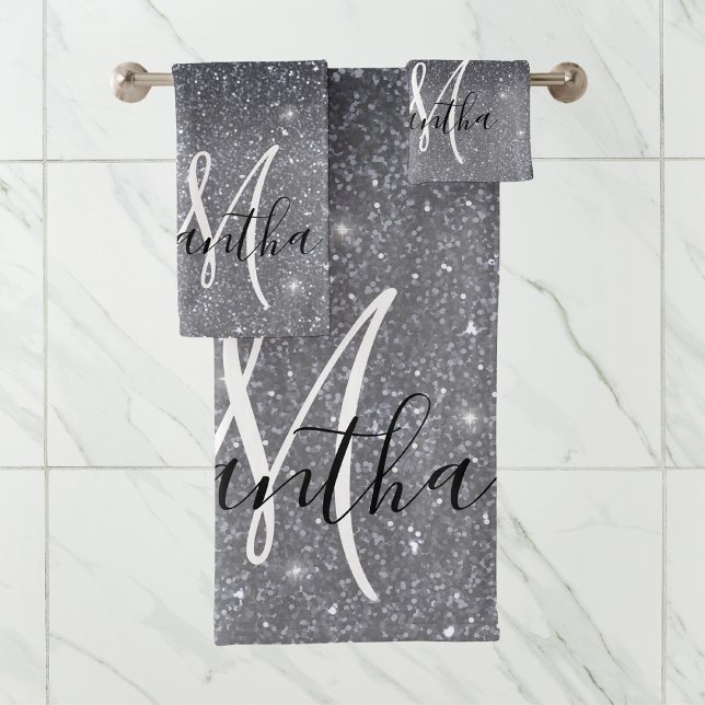 Modern Black Glitter Sparkles Personalised Name Bath Towel Set (Creator Uploaded)