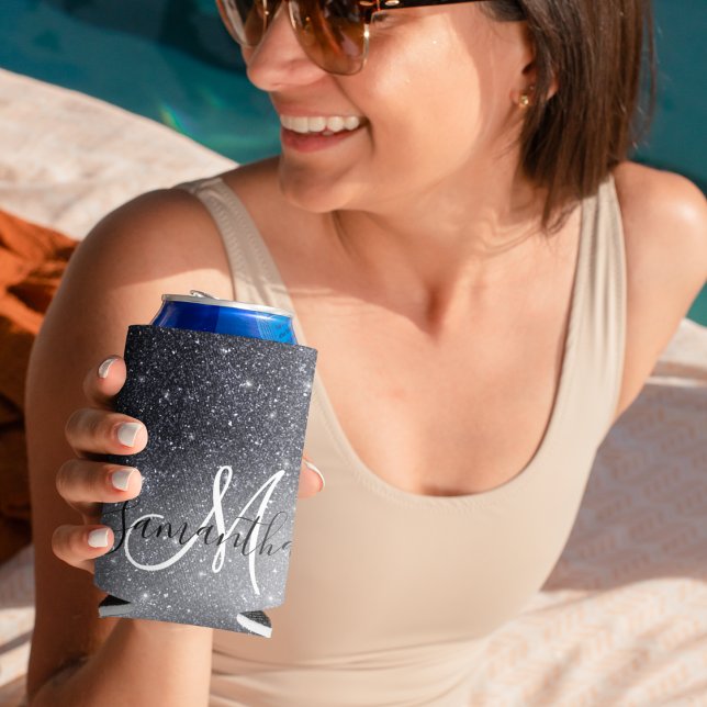 Modern Black Glitter Sparkles Personalised Name Can Cooler (Creator Uploaded)