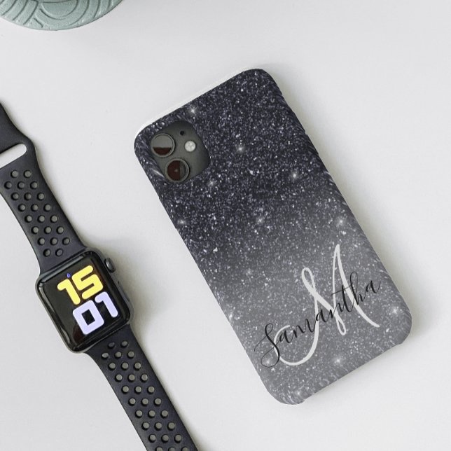 Modern Black Glitter Sparkles Personalised Name Case-Mate iPhone Case (Creator Uploaded)