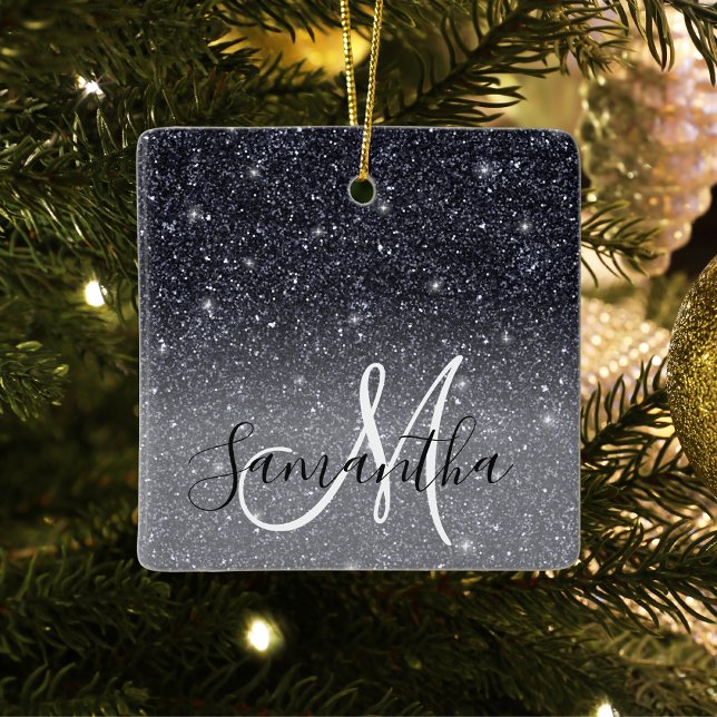 Modern Black Glitter Sparkles Personalised Name Ceramic Ornament (Creator Uploaded)