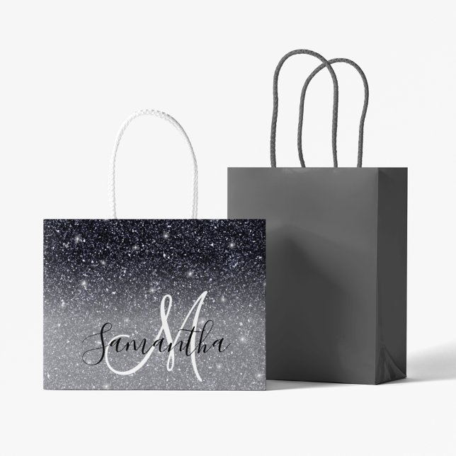 Modern Black Glitter Sparkles Personalised Name Large Gift Bag (Creator Uploaded)