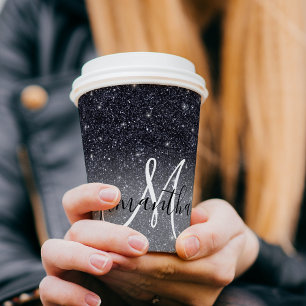 Modern Black Glitter Sparkles Personalised Name Paper Cups