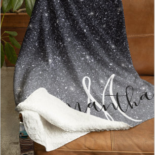 Modern Black Glitter Sparkles Personalised Name Sherpa Blanket