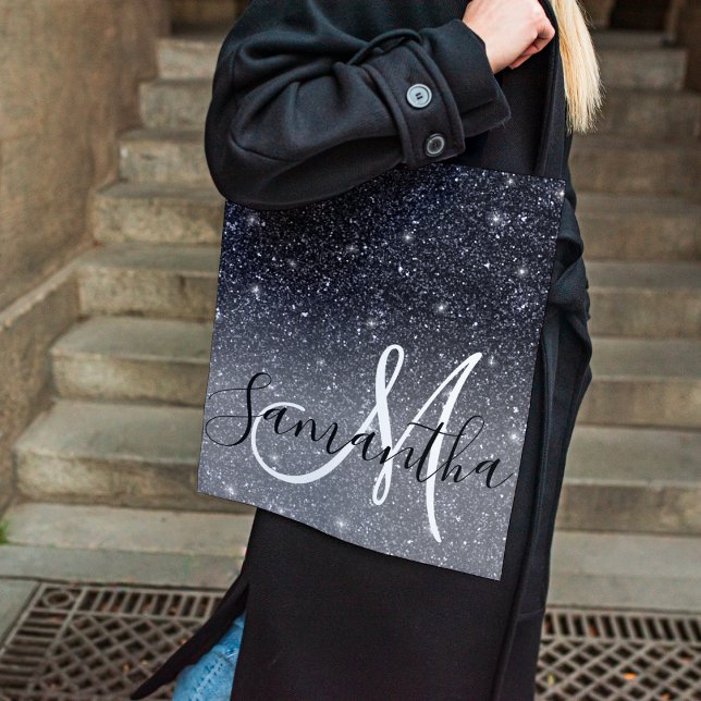 Modern Black Glitter Sparkles Personalised Name Tote Bag (Creator Uploaded)