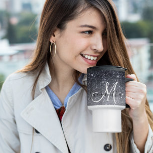 Modern Black Glitter Sparkles Personalised Name Travel Mug