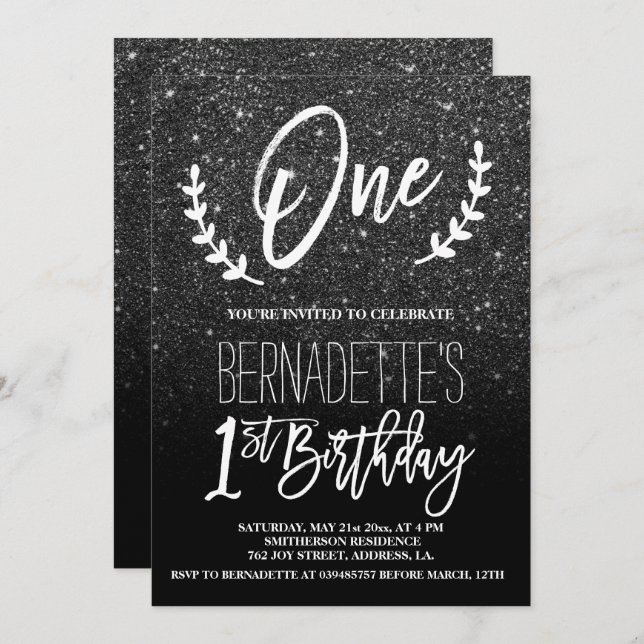 Modern black glitter typography First Birthday Invitation (Front/Back)