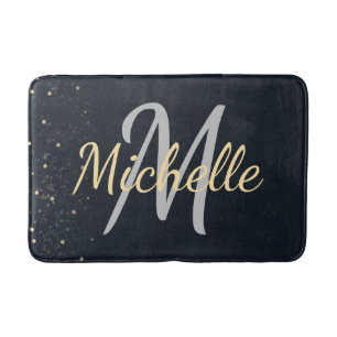 Modern Black glitter Typography & Name Monogram Bath Mat