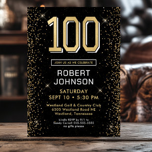 Modern Black Gold 100th Birthday Photo Invitation