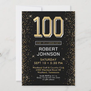 Modern Black Gold 100th Birthday Surprise Party Invitation